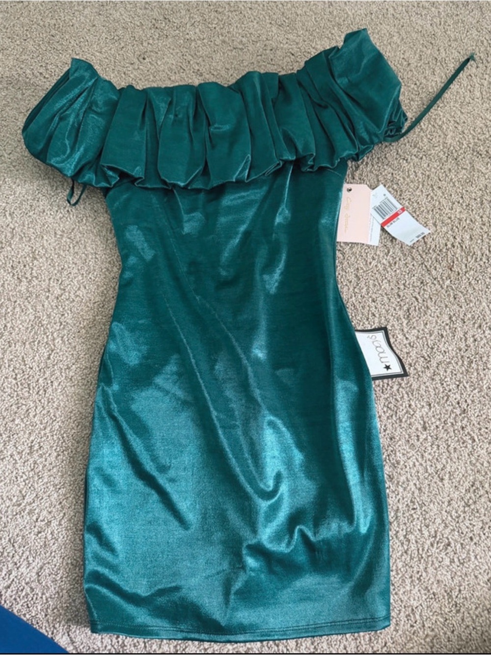 City Studio Emerald One-Shoulder Ruffle Sheen Dress